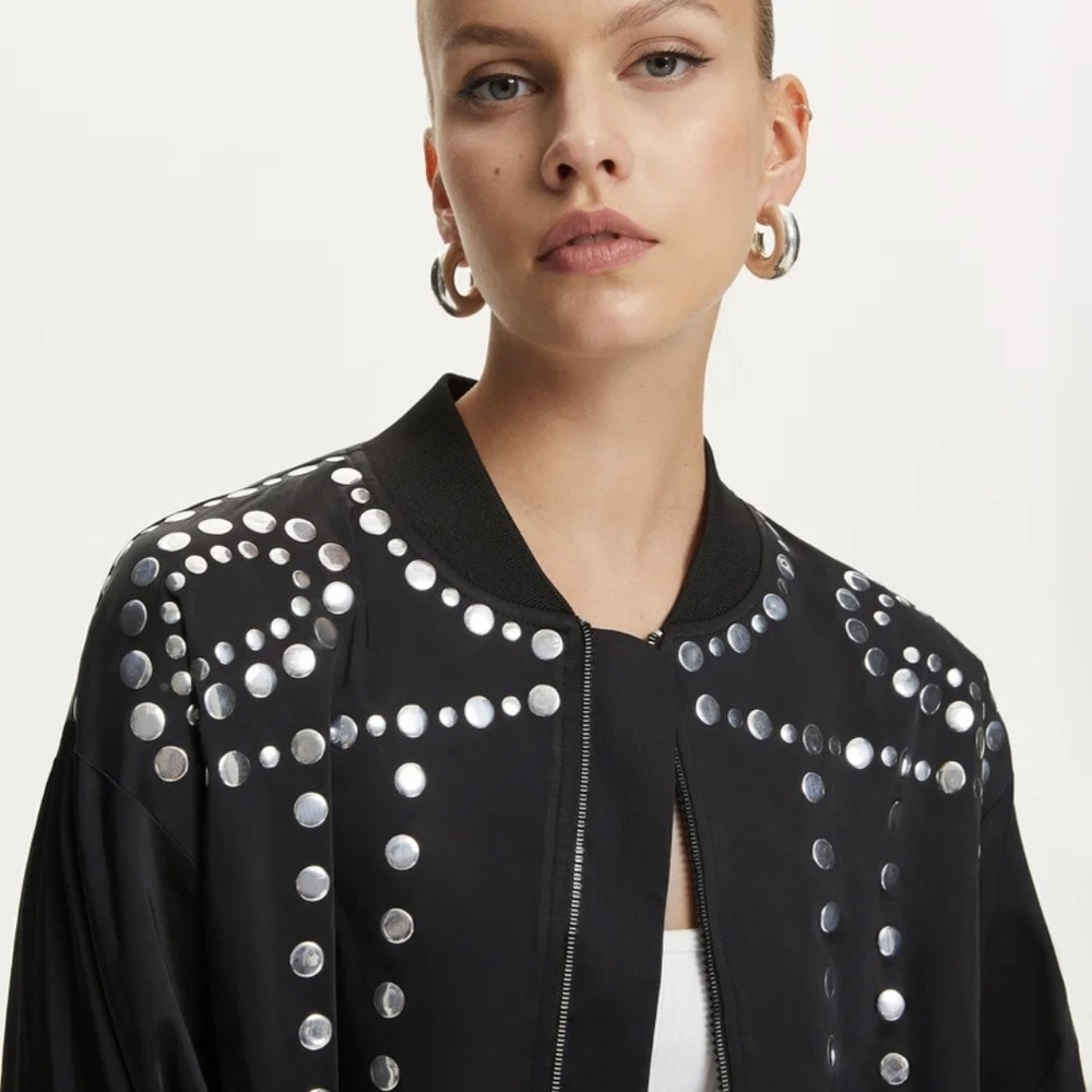 Elegant Studded Black Bomber Jacket - Picture 2 of 5
